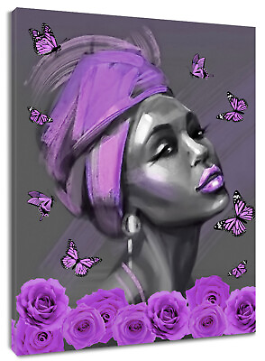 #ad Purple Butterfly African Girl Canvas Wall Art for Bathroom Living Room Bedroom $7.99