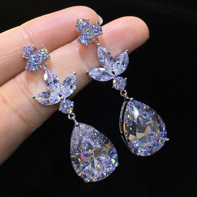 #ad Zircon Crystal Drop Dangle 925 Sterling Silver Stud Earrings Womens Fine Jewelry $8.51