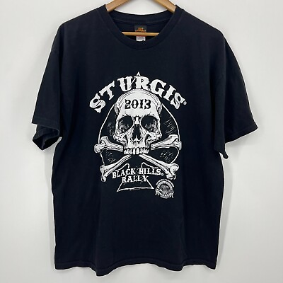 #ad Hot Leathers T Shirt Men#x27;s XL Black Sturgis 2013 Black Hills Rally Logo Skull $6.78