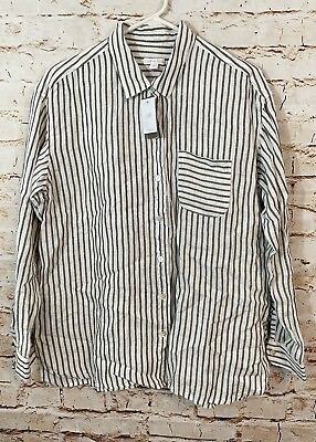 #ad New J Jill Love Linen women medium Button Striped Shirt Top tunic moss green $79 $23.86