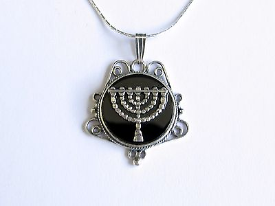 #ad Sterling Silver Black Round Onyx Filigree Pendant Judaica Jewelry Israel Menorah $129.00