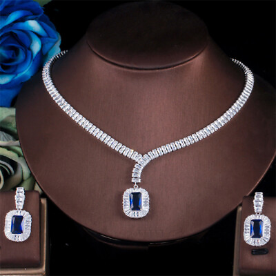 #ad Women Silver Plated Blue Rectangle CZ Drop Earrings Necklace Wedding Jewelry Set $17.69