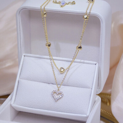 #ad 14k Real Gold Double Layer Necklace Heart AAA Zircon Clavicle Chain Women Collar $9.00