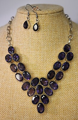 #ad Sterling Silver 925 Amethyst Bib Necklace With Matching Earrings $45.99