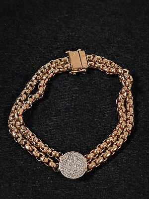 #ad Sterling Silver 925 Steel Diamond Pave Gold Tone Double Chain Bracelet 7 in $59.49