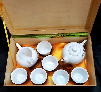 #ad Vintage Chinese Ten Fu Travel Tea Set 6 Shrimp Pattern Cup 8 Wood Bowl 2 Pots $18.99