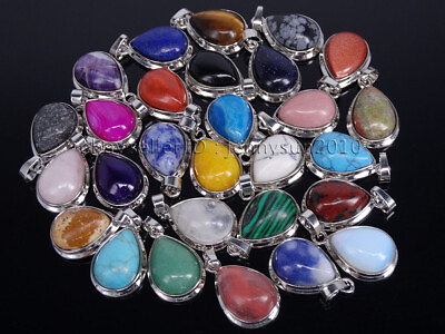 #ad Natural Gemstone Crystal Teardrop Drop Reiki Chakra Pendant Charms Silver Plated $2.88