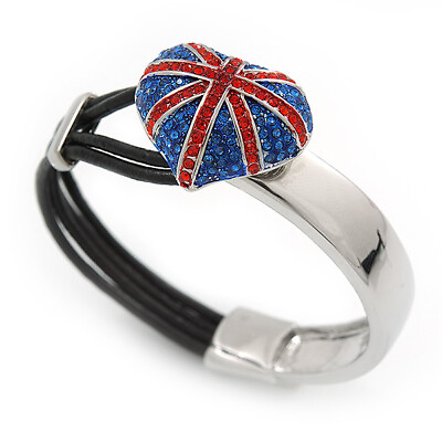 #ad Swarovski Crystal Union Jack #x27;Heart#x27; Leather Cord Bracelet 17cm Length for GBP 32.99