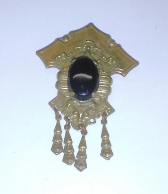 #ad Antique Victorian Brooch Pin Gold Tone Black Stone Estate Jewelry Dangle $25.00