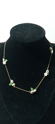 #ad Vintage Glass Flowers Necklace With Green Glass Leaves And A Gold Tone Chain 16quot; $7.79