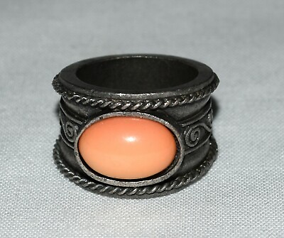 #ad Vintage Pink Coral Silver Plated Swirls Rope Border Ring 14.73 Grams Size 6.5 $24.99
