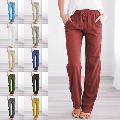 #ad Womens Cotton Linen Elastic Waist Pants Ladies Casual Straight Leg Long Trousers $15.71