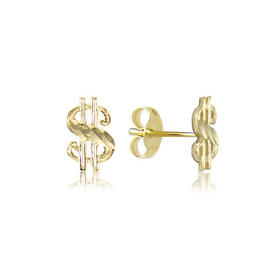 #ad 10K Solid Yellow Gold Dollar Sign Stud Earrings $ Money Dia Cut Women Men $44.65