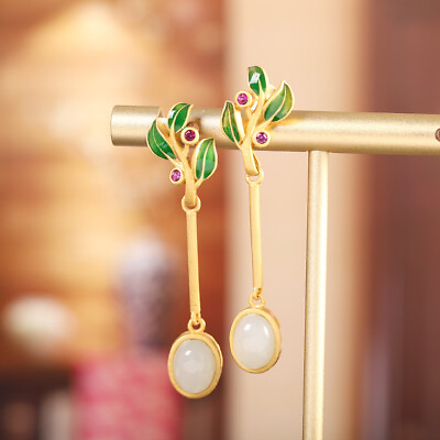 #ad I03 Cloisonne Earring Stud With Brighter Jade Silver 925 Plated Green Leaves $71.48