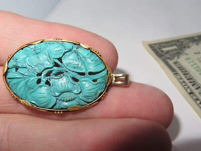 #ad 14K Turquoise Pendant Gold Genuine Carved Brooch Jewelry Vintage ef72 $341.99