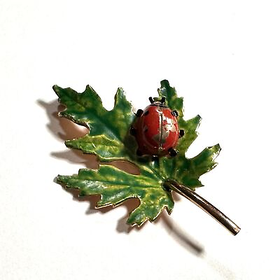 #ad Vintage Green Maple Leaf w Red Ladybug Brooch Scatter Pin Exquisite Small Size $15.99