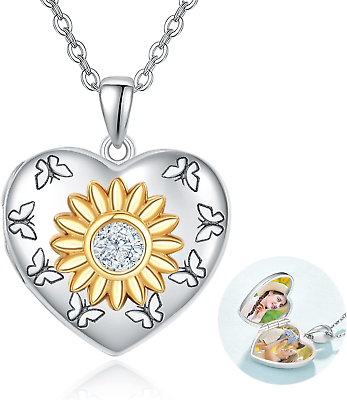 #ad Sunflower Heart Locket CZ Necklace Hold Picture 925 Sterling Silver Gifts Women $135.73