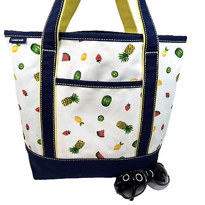 #ad LANDS END Heavyweight Canvas Boat Tote Bag Zip Top Dark Blue Yellow Multi $35.00