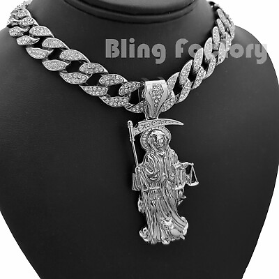 #ad Silver Plated Alloy SAINT DEATH SANTA MUERTE Cubic Zirconia Cuban Chain Necklace $16.99