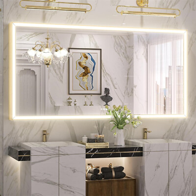 #ad Energy saving Gold Bathroom Mirror With 3 Colors Lights Anti fog Dimmable Vanity $173.91