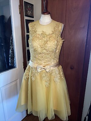 #ad Vintage 50’s Style Buttercup Yellow Gold Formal Dress Glam Hollywood Pinup M L $120.00