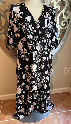 #ad Lane Bryant Dress Wrap Floral Short Sleeve Black White Plus Size 18 20 NEW NWT $49.99