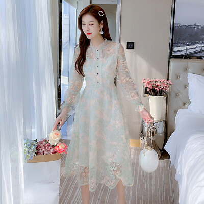 #ad Women#x27;s Lace Dress Long Sleeve Floral Embroidered Tunic Mesh High Waist Elegant $34.87