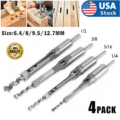 #ad 4xSquare Hole Saw Drill Bit Auger Mortising Chisel Carve Woodworking Tools Steel $15.98