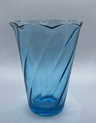 #ad Vintage Hazel Ware Atlas Capri Turquoise Glass Flared Swirl Vase 8 1 2quot; 1960s $18.00
