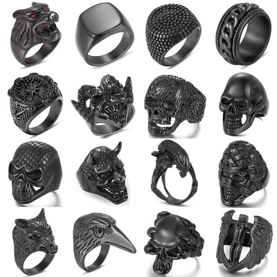 #ad Mens Stainless Steel Black Plated Biker Skull Rings Punk Male Jewelry Size 7 12 $7.95