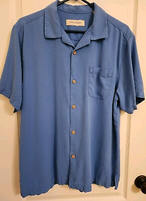 #ad Tommy Bahama Mens 100% Silk Button Down L Light Blue Waffle Pattern 86549 $15.00