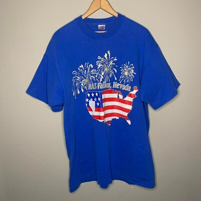 #ad VTG Mens XL Single Stitch Fruit of the Loom American Flag Fallon Nevada NAS Blue $16.99