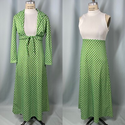 #ad Vintage Green Dress SIZE LARGE green polka dot 70s maxi retro long jacket $58.00