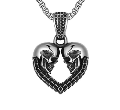 #ad Men#x27;s Stainless Steel Double Skull Heart Necklace Pendant Fashion Jewelry $12.99