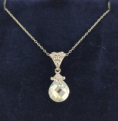#ad Sterling Silver Elegant Teardrop Crystal Pendant Necklace  $20.00
