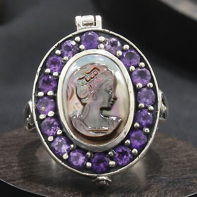 #ad Sterling Silver Carved Lady Portrait Abalone Shell Amethyst Poison Ring Size 10 $63.20