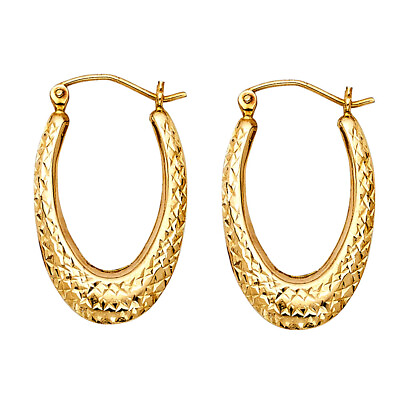 #ad GOLD 14K Yellow Gold Oval Textured Hollow Hoop Earrings for Women and Girls $138.04