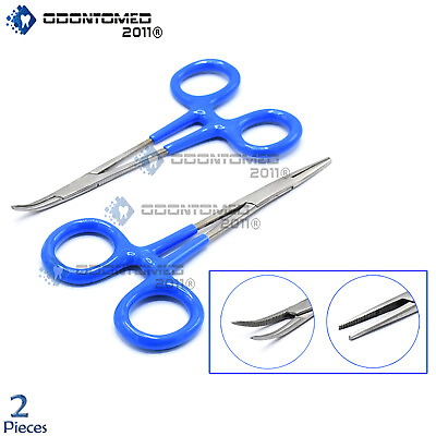 #ad 2 Mosquito Hemostat Forcep Curved Straight 5quot; With Blue PVC Grip Handle Serrated $9.05