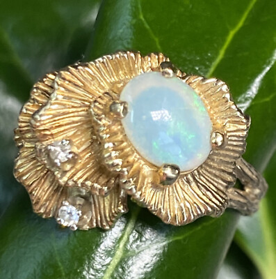 #ad 14K Yellow Gold White Opal Cabochon Diamond Organic Ruffle Vintage Ring Sz 6.75 $990.00