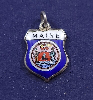 #ad Maine US State Enamel Shield Travel Bracelet Charm Sterling Silver Vintage $26.99
