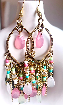#ad #ad Pink Teal Boho Vintage Gold Cut Out Teardrop Beaded Dangle Chandelier Earrings $6.99