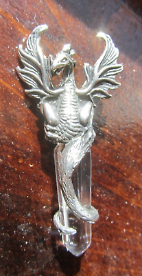 #ad Fantasy Dragon w Crystal Pewter Faceted Quartz Pendant Jewelry $30.00