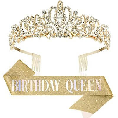 #ad Gold Birthday Princess Crown with Birthday Queen Sash Tiaras for Women or Gir... $18.62