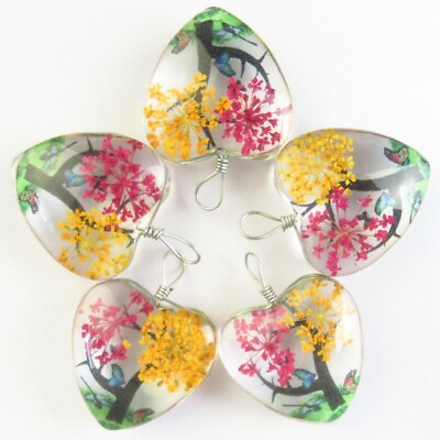 #ad 5Pcs 24x12mm Rainbow Delicate Crystal Glass Dried Flower Heart Pendant T02024 $12.44