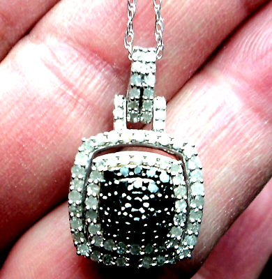 #ad Genuine Diamonds Pendant Necklace 925 Silver Black amp; White HALO Design $321.00