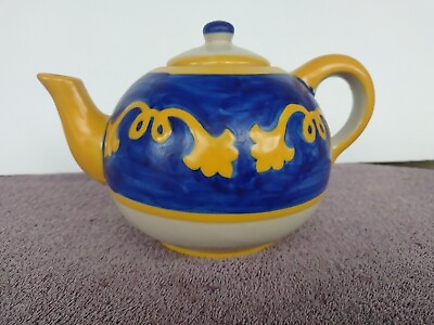 #ad M Mexico Teapot Mexican Pottery Hand Painted Yellow Blue White 6quot; Tall $62.48