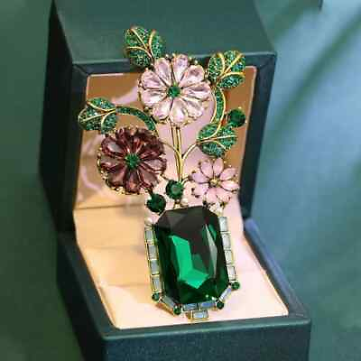 #ad Retro Crystal Vase Brooch Women Temperament Rhinestone Floral Pins Accessories $5.50