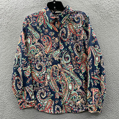 #ad CHICOS Shirt Womens Size 1 Medium Button Up Blouse Top Paisley No Iron Blue $13.95