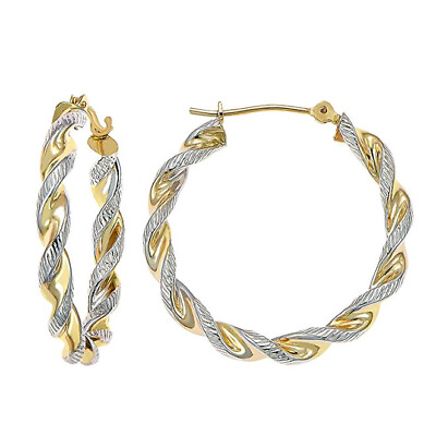 #ad 14K Real Solid Gold Two tone Gold Twisted Rope Round Chunky Creole Hoop Earrings $129.50
