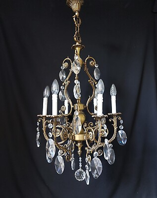 #ad Vintage Large Chandelier Italian 6 Lights Crystal Brass Ceiling Light $575.00